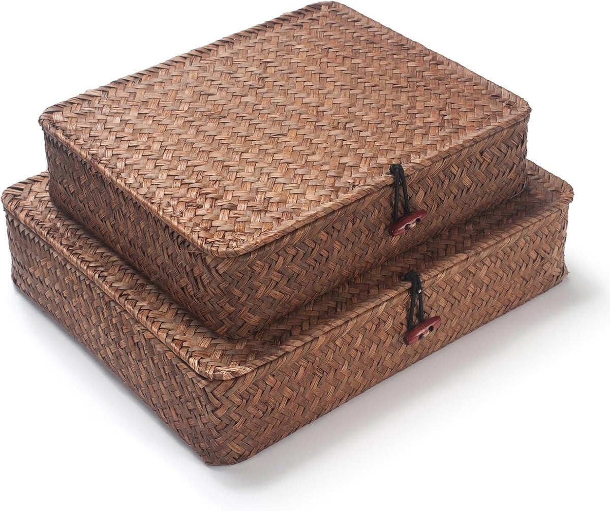 SnelShoppen Set van 2 Handgeweven Seagrass Rattan Opbergmanden met Deksel, Bruin
