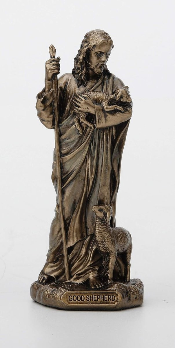 Religieus Beeld Goede Herder Handgeschilderd Antiek Brons B/D/H: 3,5 x 3 x 8,5 cm