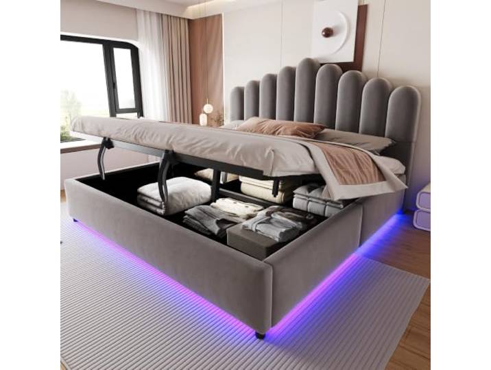 Merax Polsterbett 180x200 cm mit Hydraulik, LED & einzigartigem Kopfteil – Grau (Ohne Matratze)