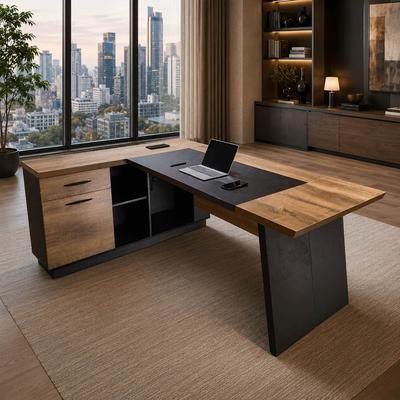 "WESOME 78.74"" L-Shape Executive Desk, Industrial Wood Desk with Outlet Cabinet Drawer Storage Shelves"