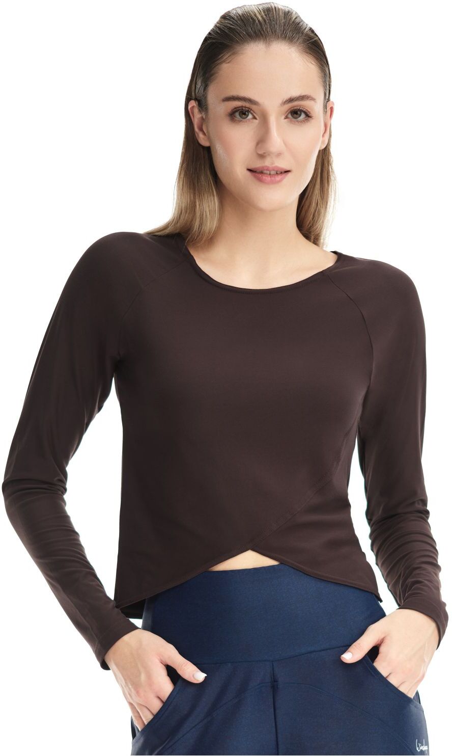 Langarmshirt WINSHAPE "Cropped Functional Light and Soft", Damen, Gr. XS, braun (espresso), 85% Polyester, 15% Elasthan, Rundhals, Shirts Langarmshirt, Overlap-Applikation