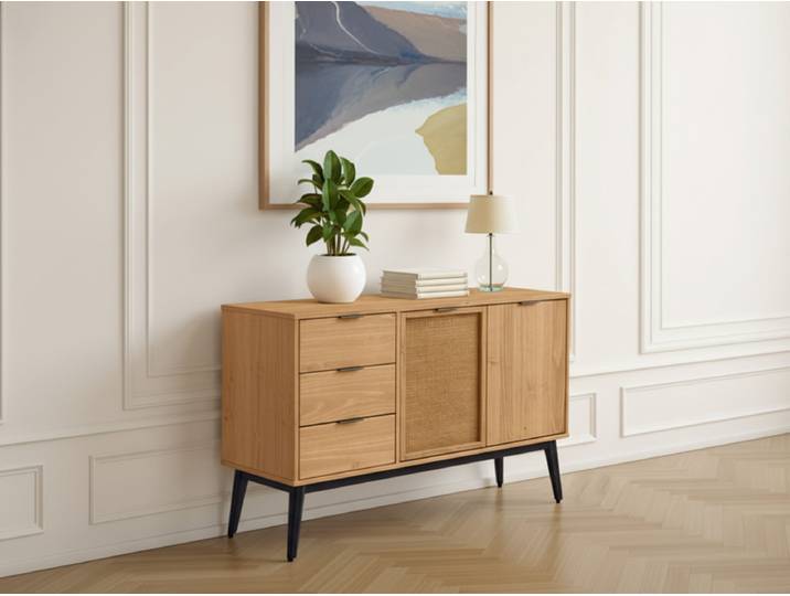 Buffet 130 cm ALBI bois massif et rotin