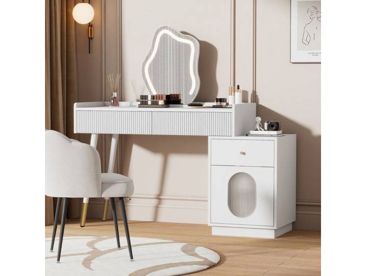 Xylo - Grande coiffeuse LED miroir tabouret 3 tiroirs 2 portes blanc 151×110×40 cm