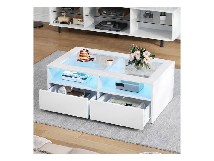 MODFU Couchtisch Beistelltisch 100x50x35 cm mit LED und 2 Schubladen (Packung, 1-St., mit 2 Schubladen), doppelschichtiges Design