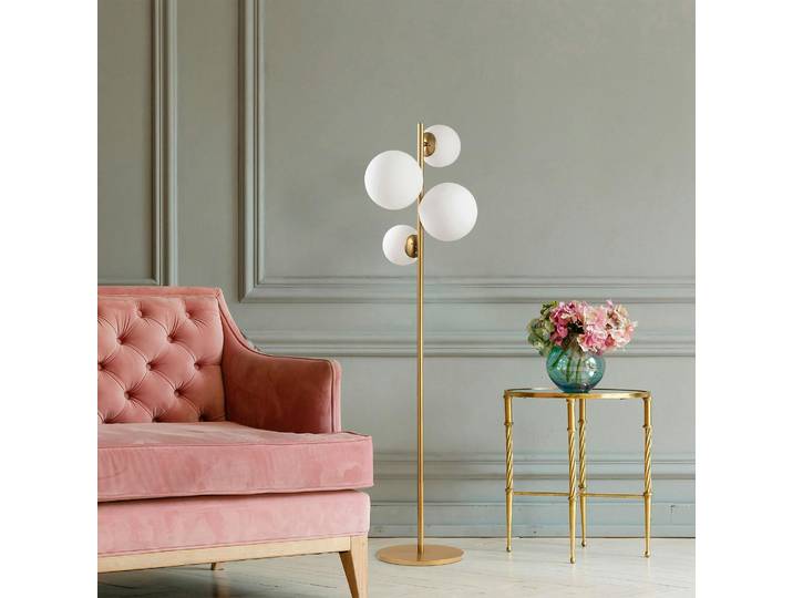 Lampadaire art déco doré, 4 globes verre dépoli SIERRE
