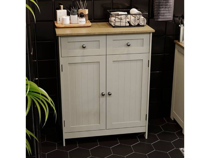 Priano Meuble de Salle de Bain 2 Tiroirs 2 Portes Armoire Autoportante Gris & Chêne