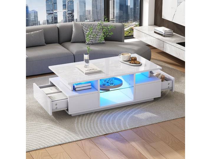 STILVORA Couchtisch mit 2 Schubladen und offener Lagerfläche, Beistelltisch mit LED-Ambientebeleuchtung, Wohnzimmertisch multifunktional für Sofa, Teetisch, Weiß