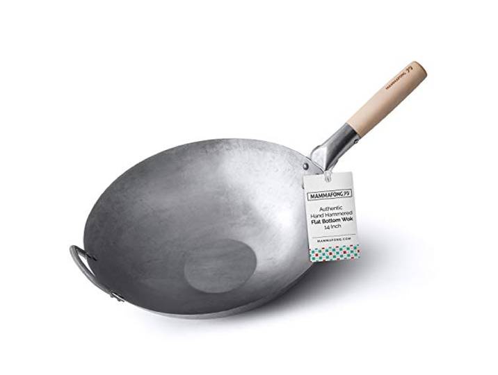 Mammafong Wokpfanne mit flachem Boden aus Karbonstahl – authentische handgehämmerte Woks und Bratpfannen – 35,6 cm Pow Wok
