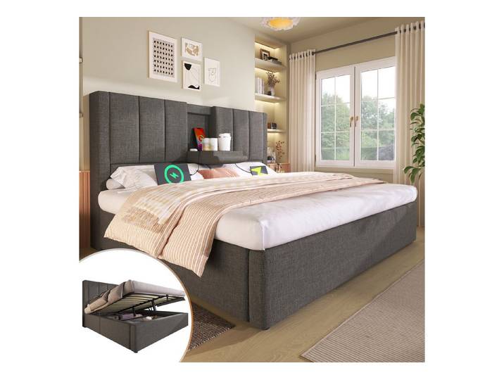 STILVORA Polsterbett 140x190 mit Bettkasten,Jugendbett Bettgestell mit Becherhalter&USB