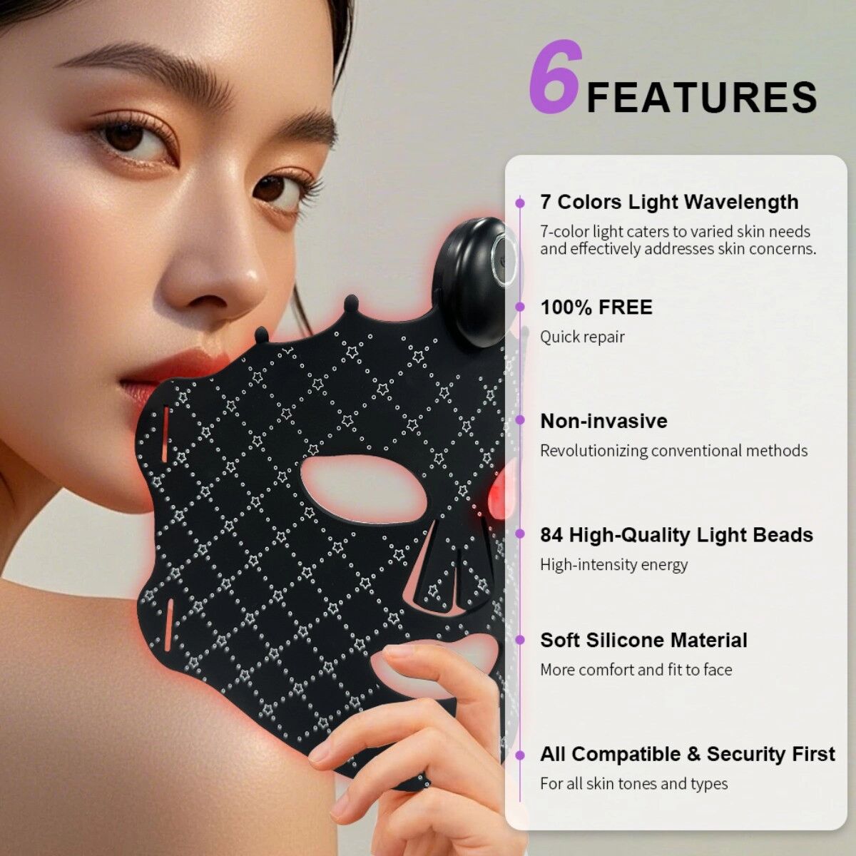 INF E100B-4 Silikon LED-Phototherapie-Gesichtsmaske – Vierwellenspektrum für kosmetische Hautpflege, Type-C DC 5V/1A 5W, Schwarz