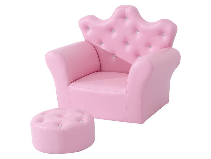 HOMCOM Canapé Enfant avec Tabouret Fauteuil Enfant Décoration avec Dossier Haut En Forme de Couronne 58x40,5x49 cm Rose