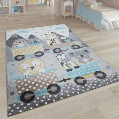 Paco Home Kids Rug for Childrens Room Colorful Animals on a Train in Grey