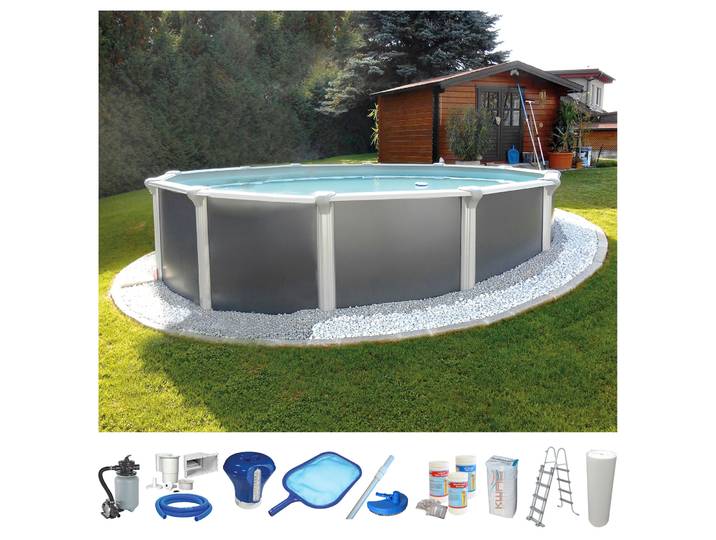 Rundpool KWAD Steely Supreme Design inkl. Sicherheitsleiter und Zubehör , grau (anthrazit), H:132cm Ø:460cm, Schwimmbecken, Rundpool, 10-tlg., Höhe: 132 cm, inkl. Wasserpflegeset, graue Innenfolie