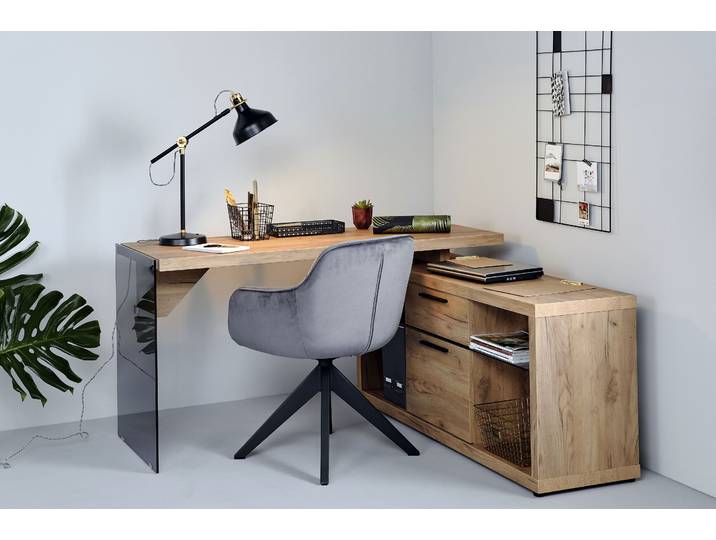 Eckschreibtisch JAHNKE LUX , grau (kerneiche, grauglas, kerneiche, grauglas, kerneiche), B:141,8cm H:74cm T:140cm, Tische, Eckschreibtisch, wechselseitig montierbar, Seitenteil aus ESG Sicherheitsglas