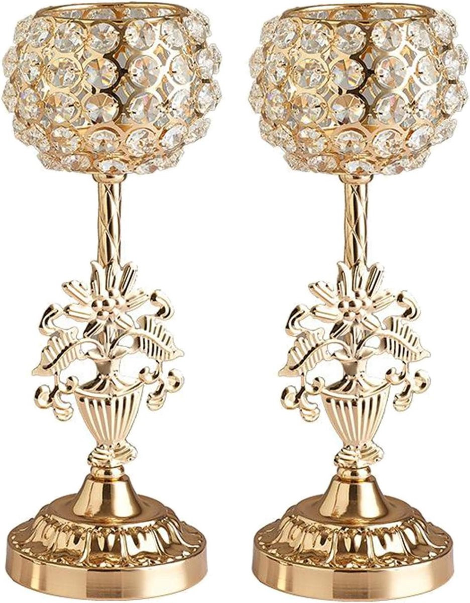 Set van 2 gouden kandelaars van metaal en kristal voor kaarsen (taper)