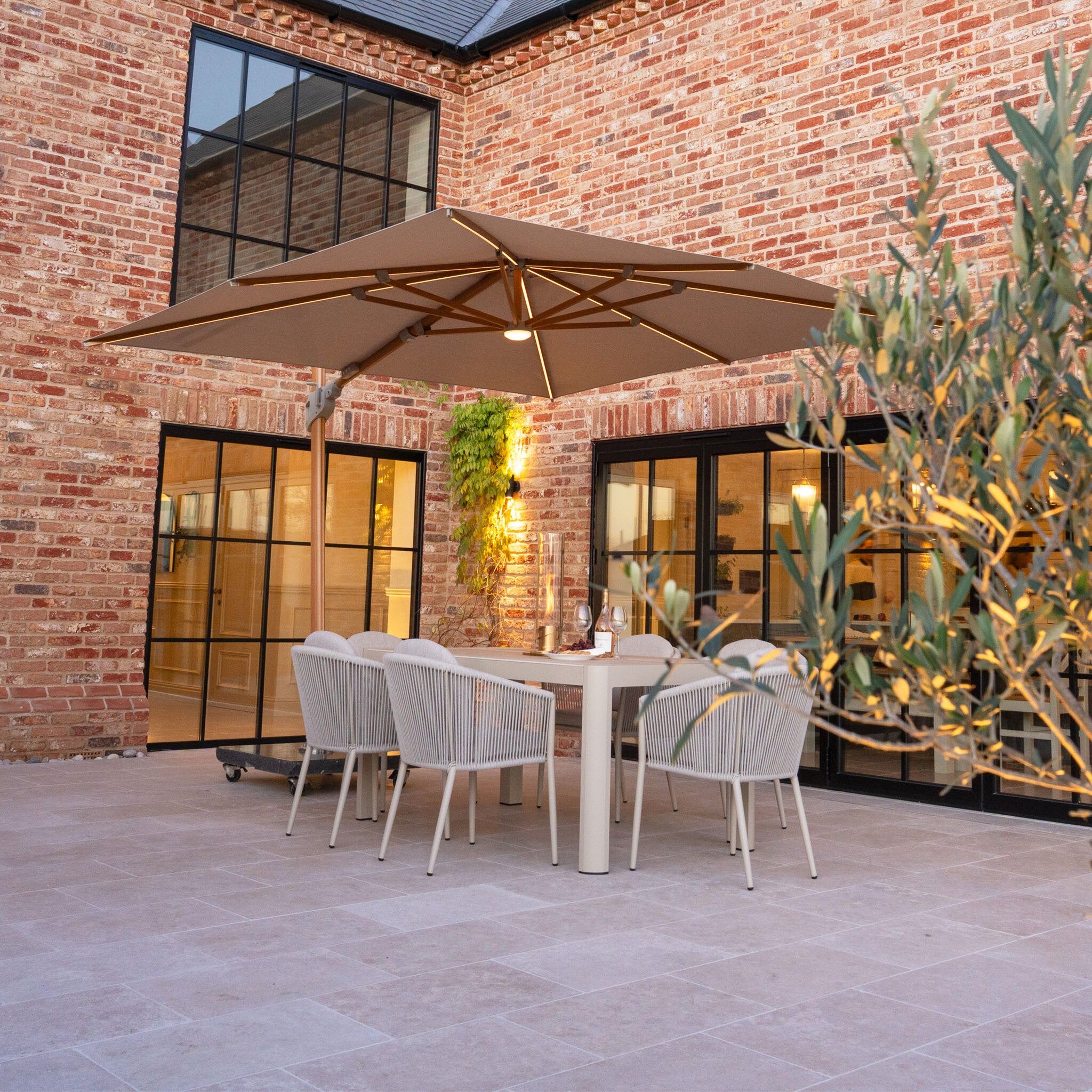 Harbour Lifestyle Volos 3m x 3m Square Cantilever Parasol with LED Lighting and 120kg Granite Base in Wheat and Wood Effect