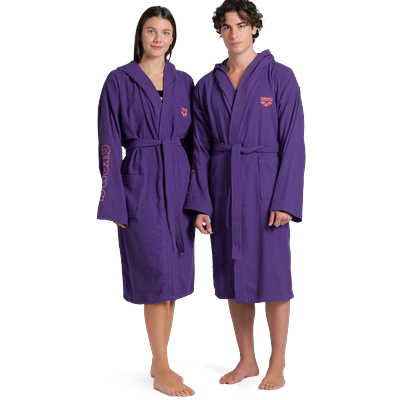 Bademantel ARENA "arena Unisex Zeppelin Bademantel" Gr. M, lila (violet, calypso coral), L:115cm, Baumwolle, Hausmäntel, Bademantel, Schwimmbad, Sauna, Baumwolle, Unisex, weich, bequem, Kapuze, leicht