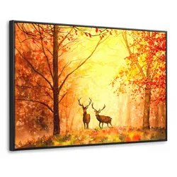 LEINWAND Bilder mit Rahmen - Natur - Ölfarbe - Hirsche - Tiere - Herbst - Orange - 150x100