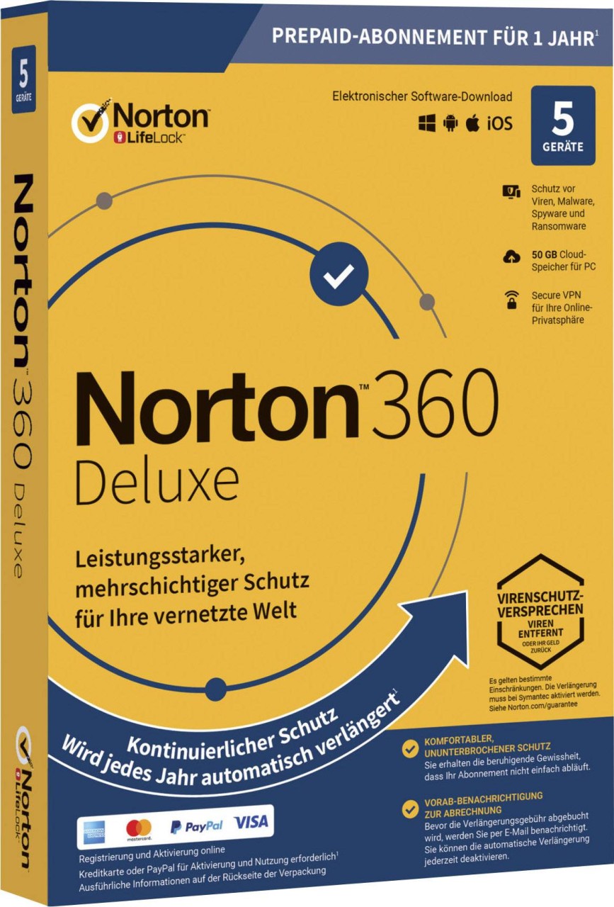 Symantec Norton 360 Deluxe, 50 GB Cloud-Backup, 5 Geräte 1 Jahr