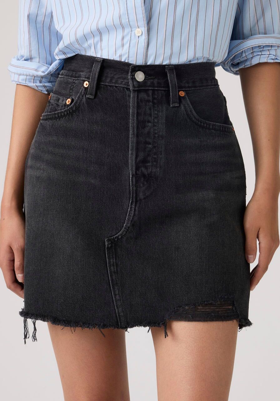 Jeansrock LEVI'S "DECONSTRUCTED SKIRT H1'26", Damen, Gr. 29, schwarz (rebel edge skirt), Web, Obermaterial: 100% Baumwolle, unifarben, regular fit ca. Mitte Oberschenkel, Röcke Jeansrock, im Five-Pocket Style rebel edge skirt 29