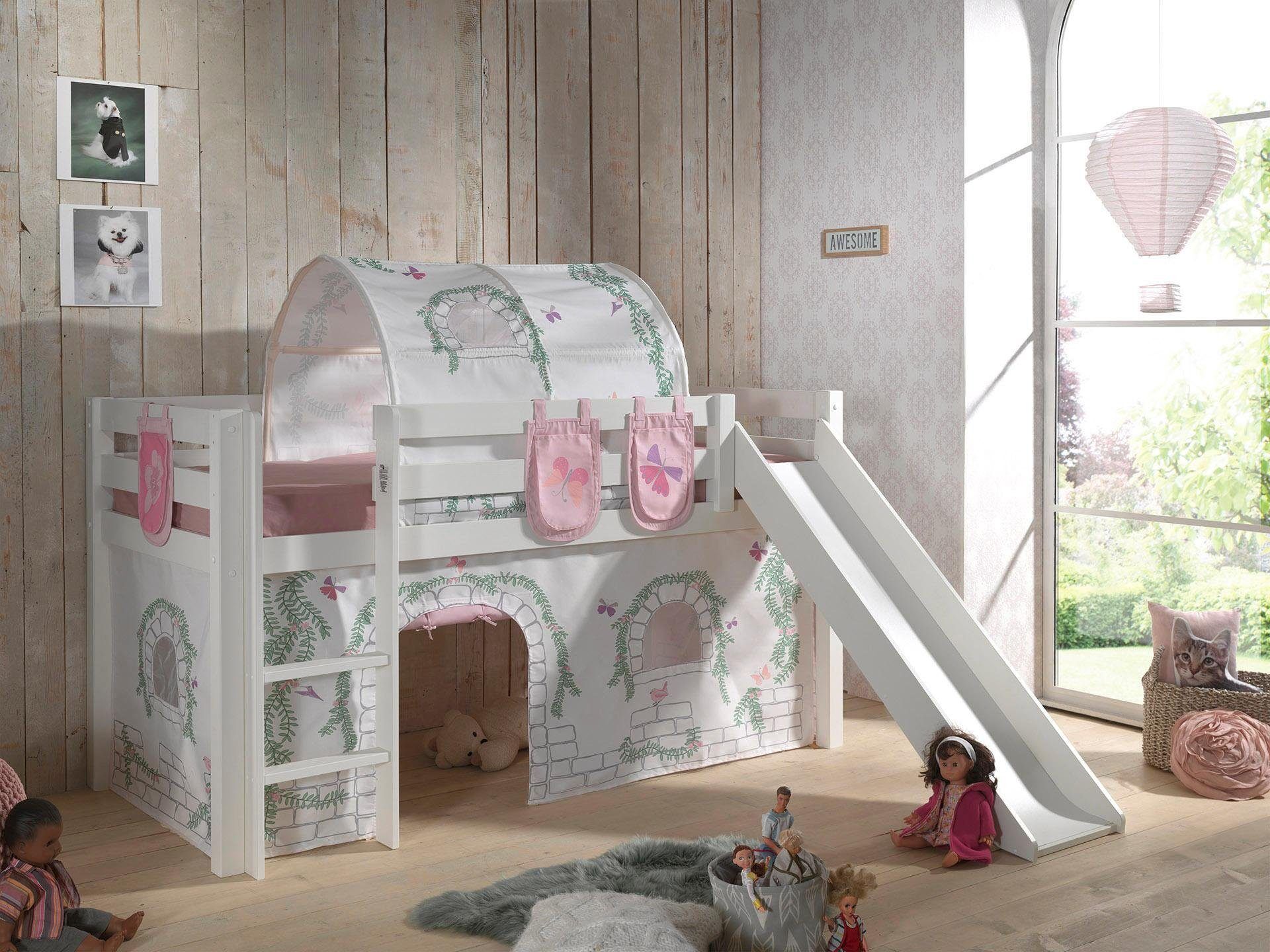 Hochbett VIPACK "Pino, Spielbett massiv Kiefer, stabil gebaut, 3 Korpusfarben zur Wahl", weiss (weiß lackiert, birdy), B:218cm H:214cm L:210cm, Hochbetten, Hochbett, Textil-Set "Astronaut", inkl. Vorhang, mit oder ohne Tunnel weiß lackiert, birdy Mit Ruts