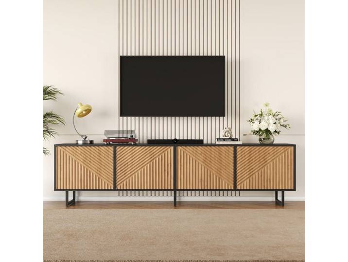 Meuble TV 180×40×50 cm meuble TV de salon avec 4 portes adapté pour télévision de 80 pouces - Couleur bois brut