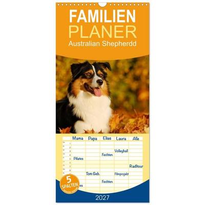 Familienplaner 2027 - Bekannt wie ein bunter Hund. Australian Shepherd mit 5 Spalten (Wandkalender, 21 x 45 cm) CALVENDO