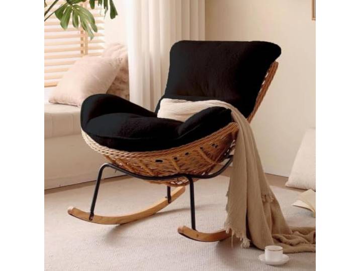 TINGMIAN Handgefertigter Rattan-Webstuhl, bequemer Lounge-Stuhl Bequemer Lounge-Stuhl, PU-Leder, gepolsterte Gleitstühle, für Erwachsene, ideales Wohnzimmer oder Schlafzimmer, Schwarz