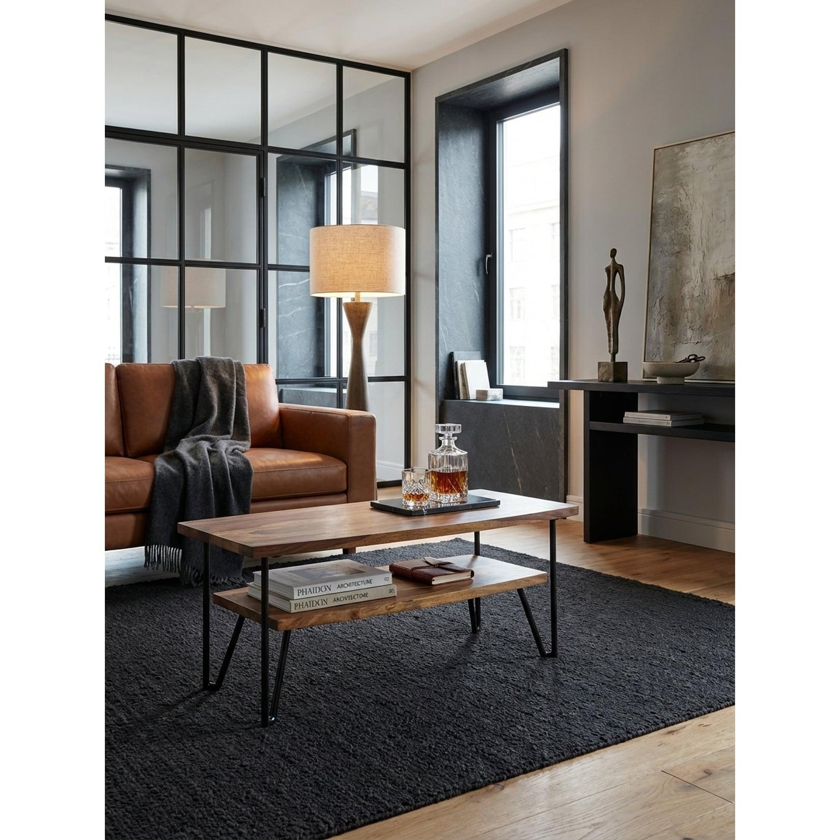 Couchtisch in Massivholz mit Metall, 90x50x40 cm, Rechteckig, Stauraum, Industrial Design