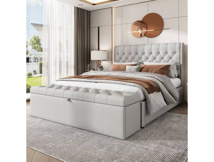ROVRYN Banquette coffre 141 x 41 5 x 42 cm en tissu aspect lin gris clair assise capitonnée