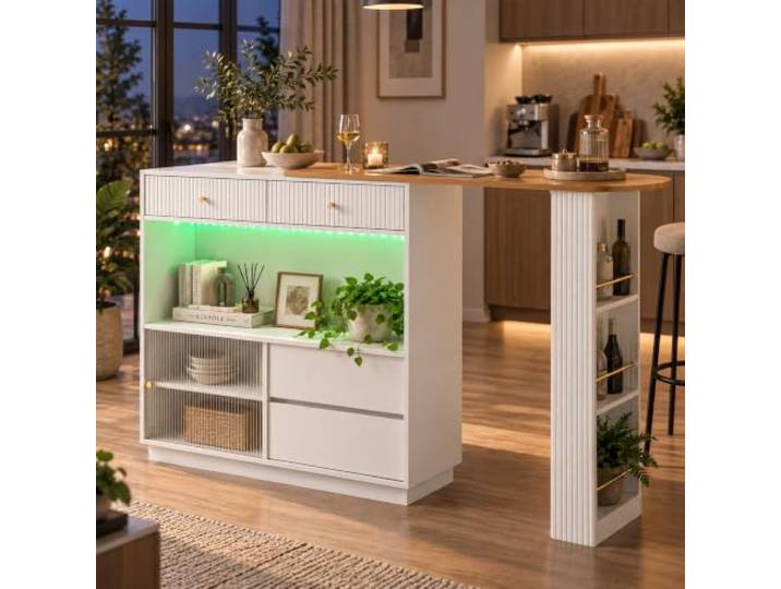 Ausziehbarer Bartisch mit Stauraum,Moderner Beweglicher Bar Table, Stehtisch, Bistrotisch,Hochtisch, Bistro Table,Großer Stauraum,Mit farbigem LED-Streifen, 360°-Drehung, Weiß