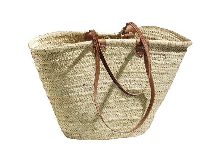 Einkaufstasche Palmblatt, Strandtasche mit Lederriemen, beige, braun, 53 x 26 x 33 cm