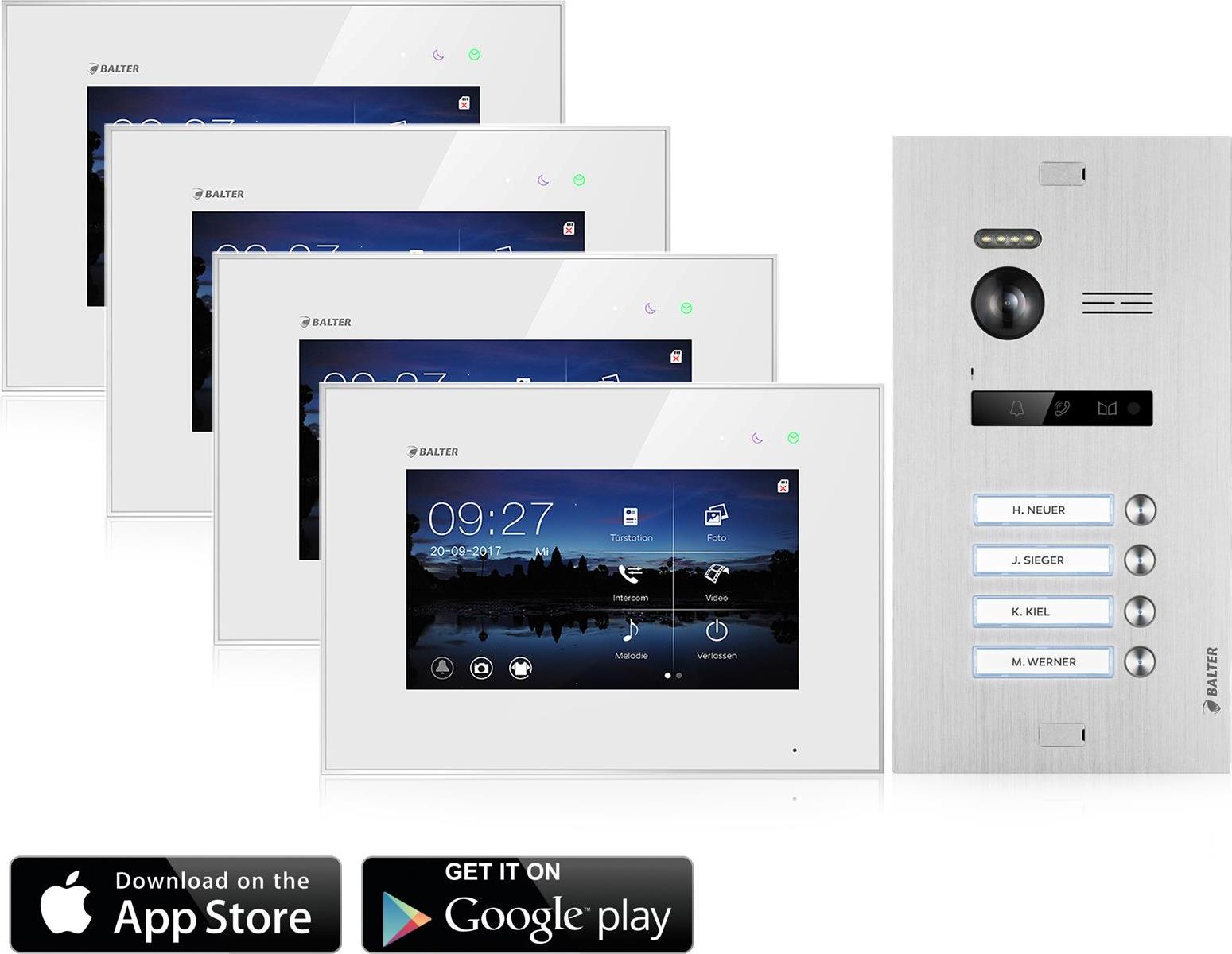 Video Türsprechanlage mit Smartphone App für 4 Familienhaus, 4x Monitore, Balter EVO WLAN