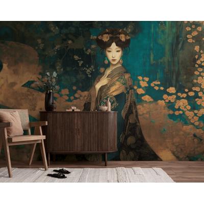 Fototapete LIVING WALLS "The Wall 4 Eyecatcher – Asiatisches Frauenporträt Vlies-Fototapete", bunt (blau), B:3,71m H:0m L:2,8m, Vinyl, Vlies, Tapeten, Asiatisches Frauenporträt mit ausdrucksstarker Wirkung