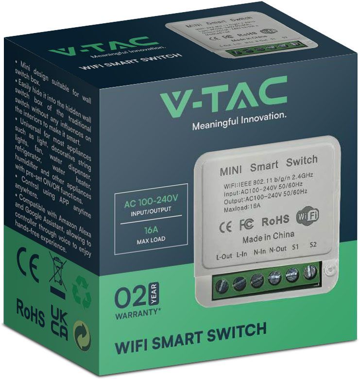 V-Tac Vt-5102 Mini Interruttore Wi-Fi 2 Canali Smart Switch 23605