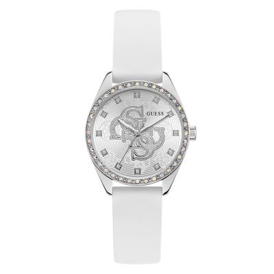 Quarzuhr GUESS "AVA", weiß, silberfarben, Armbanduhren, Damen, Quarzuhr, Armbanduhr, Damenuhr, Silikonarmband, analog
