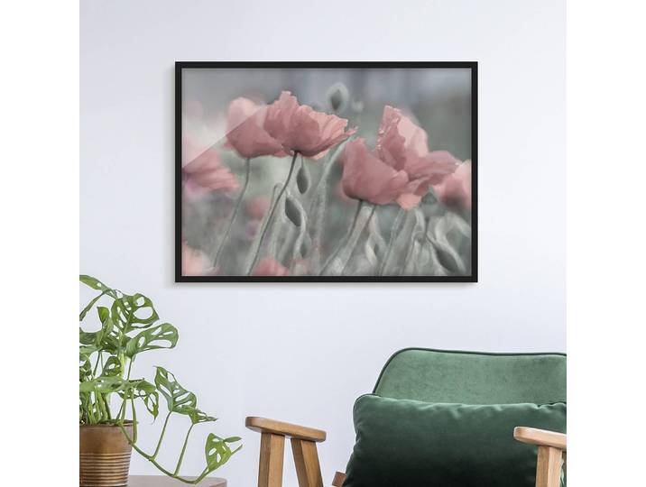 Bild Malerische Mohnblumen I Papier Rahmen: Echtholz, furniert: Kiefer Pink 100 x 70cm