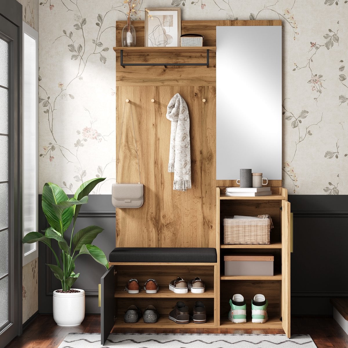 MODFU Compact Garderobeset met Spiegel, Zitbank en Schoenenkast - Zwart en Naturel - B/D/H: 100 x 38 x 185 cm