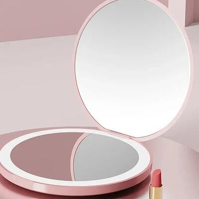 Fusion Finds LED Makeup Mirror Compact Travel Mirror With Light Double Sided Folding Pocket Mirror pink