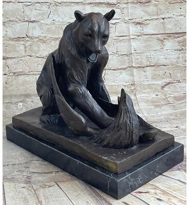 Bronzhaus Signed Barye Bear Attacking Eagle Bronze Sculpture Marble Base Figurine Statue