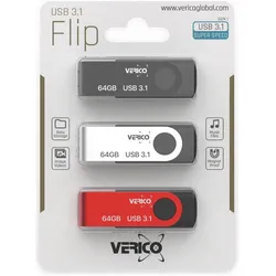 Verico TR01 Triple Pack Black Silver Red 64GB (64 GB, USB-A), USB Stick, Schwarz, Silber, Rot