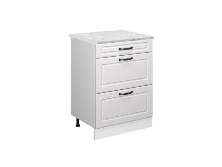 Vicco Küchenunterschrank R-Line, Weiß Landhaus, 60 cm MDF-Front · Arbeitsplatte Marmor · Höhenverst. Füße · Leichter Zugriff · Frei kombinierbar