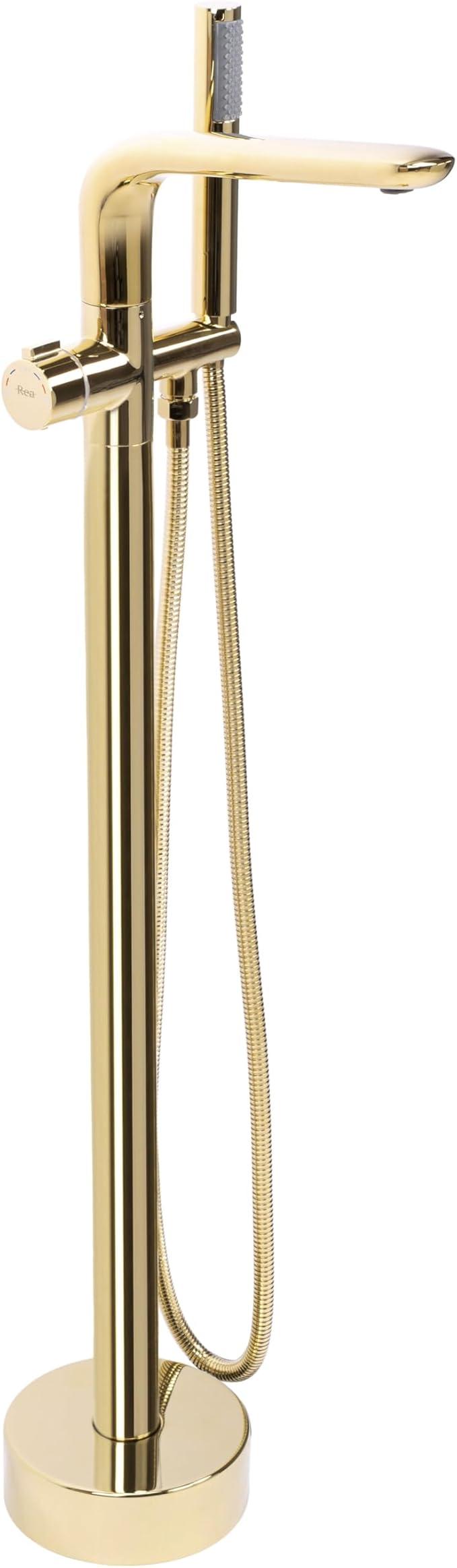 Freistehender Badewannenarmatur, Wasserhahn Badewanne Einhebel Wannenarmatur mit Handbrause Badarmatur aus Messing Mischbatterie (Gold)