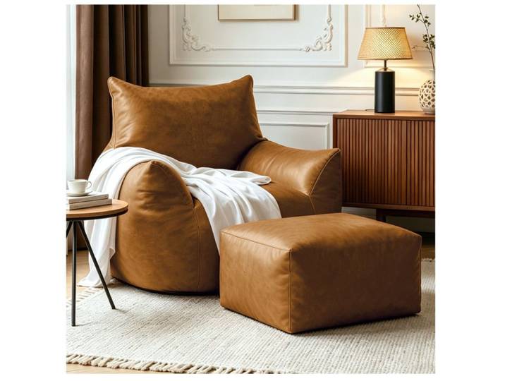 VUENOR Fauteuil pouf 1 place marron avec repose-pieds en tissu technique