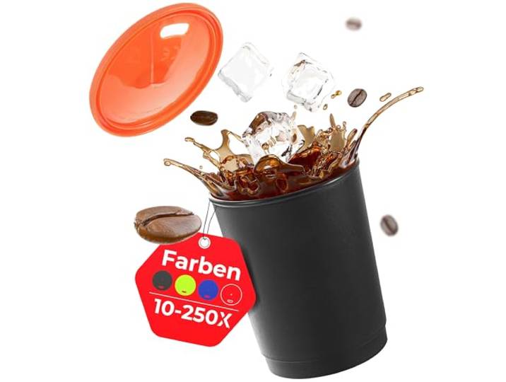 achilles Kaffeebecher mit Deckel, Kunststoffbecher, Mehrwegbecher, Trinkbecher, LFGB geprüft, spülmaschinenfest, stapelbar, 330 ml, Becher schwarz, Deckel orange, 100 Stk.