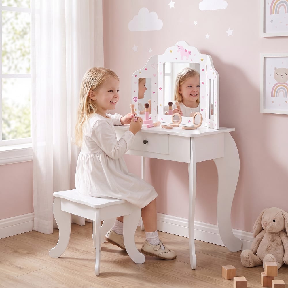 Homcom Coiffeuse enfant tabouret miroir triptyque et tiroir coulissant blanc Multicolore 63x86x40cm
