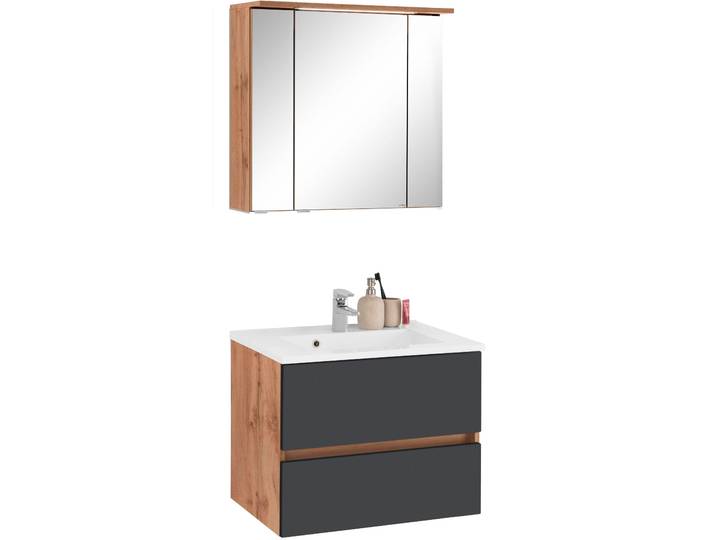 Badmöbel-Set WELLTIME Lucca , grau (eichefarben, grau), Kastenmöbel-Sets, Badmöbel-Set, Breite 60 cm, mit LED-Spiegelschrank