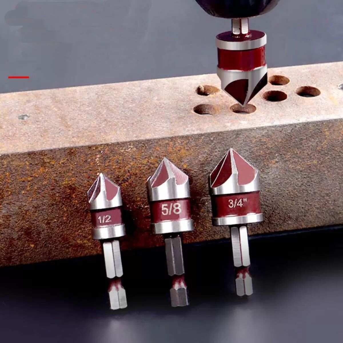 INF 5-teiliges Kobalt-HSS Fünf-Flöten Senkbohrer-Set, 82° Senkung, Sechskant-Schaft 6.35mm (1/4), Rot