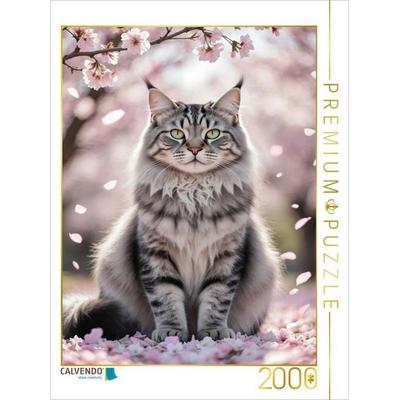 CALVENDO Puzzle Eine Maine Coon Katze sitzt unter blühenden Kirschblüten und zeigt ihre ganze Schönheit. | 2000 Teile Lege-Größe 90x67cm Foto-Puzzle f