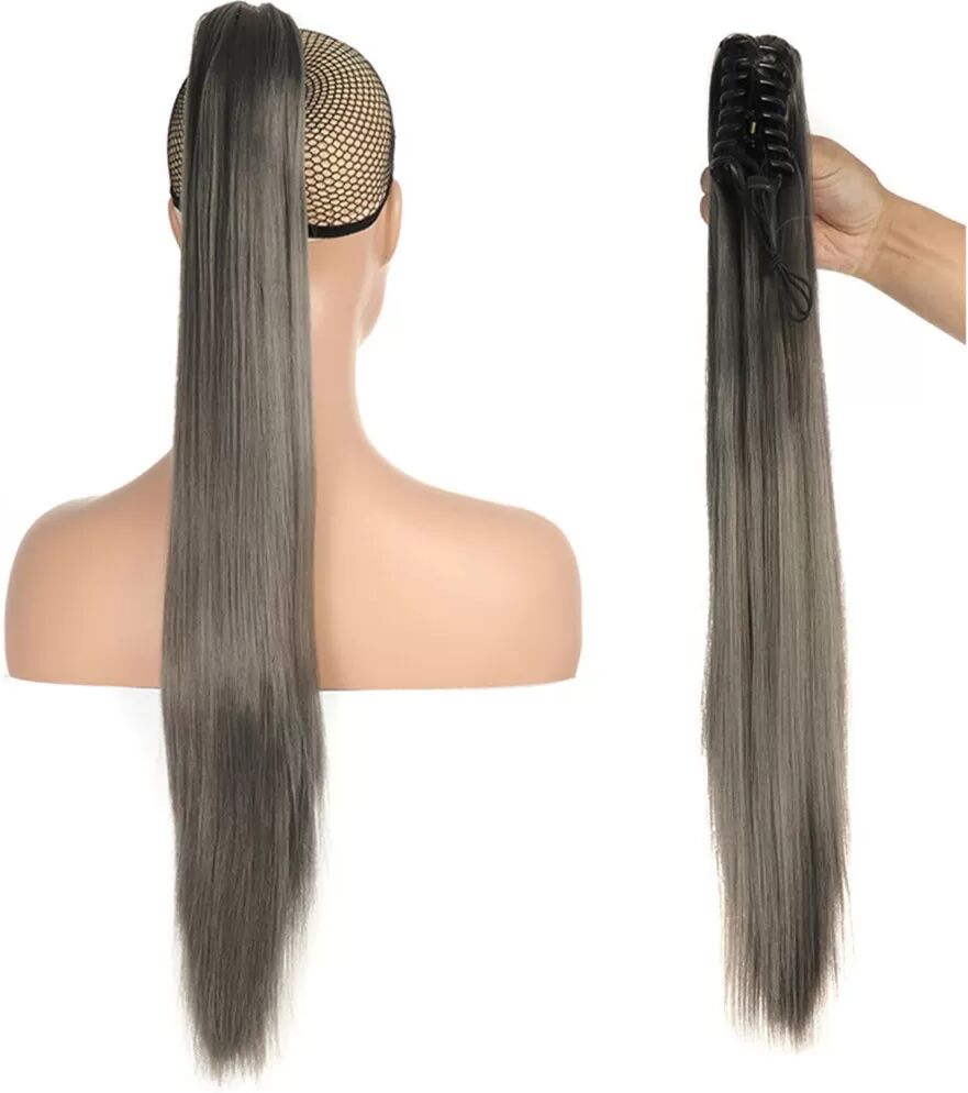 INF Silbergrauer langer, gerader Krallenclip-Pferdeschwanz – Hochtemperaturfaser, 60 cm